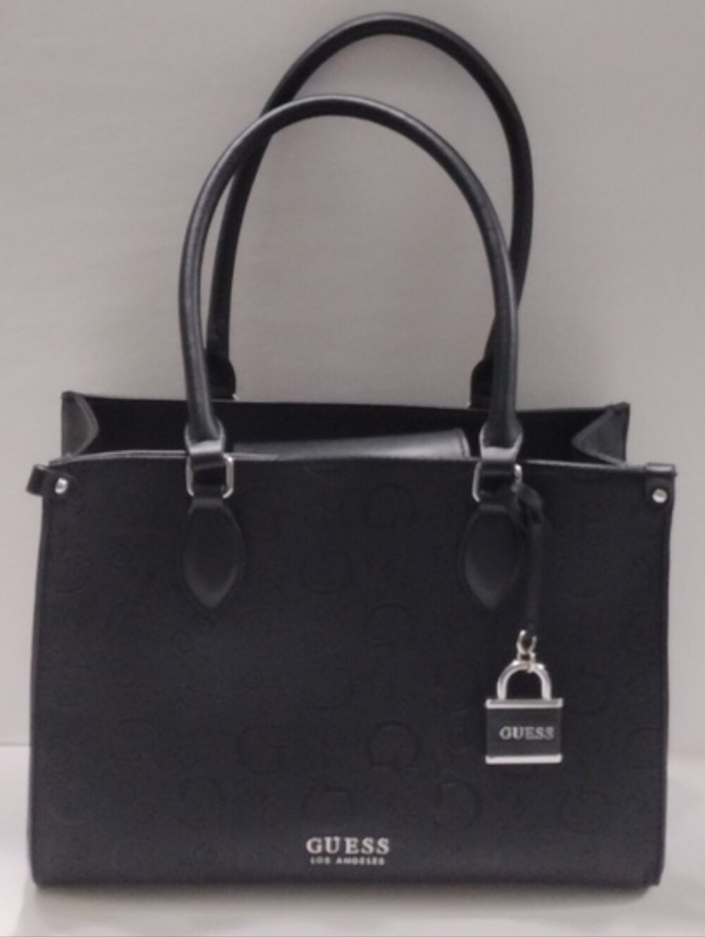 GUESS Black Embossed Signature G Logo Tote with Lock Charm